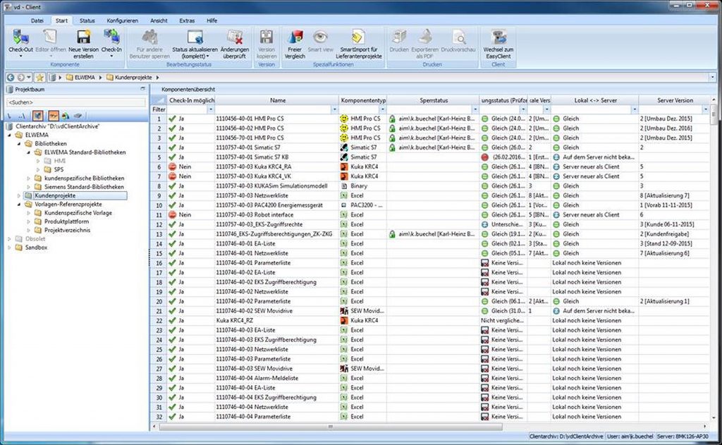 Elwema Automotive - Anlagensoftware versioniert und protokolliert | Übersicht der Komponentenstatus in einem Elwema-Projektverzeichnis