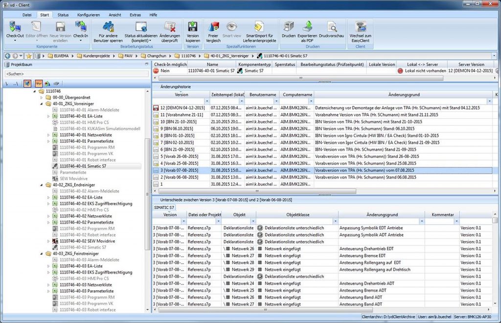 Elwema Automotive - Anlagensoftware versioniert und protokolliert | Versiondog-Versionshistorie einer S7-Softwarekomponente mit Änderungsdarstellung in Version 3 im Fenster rechts unten