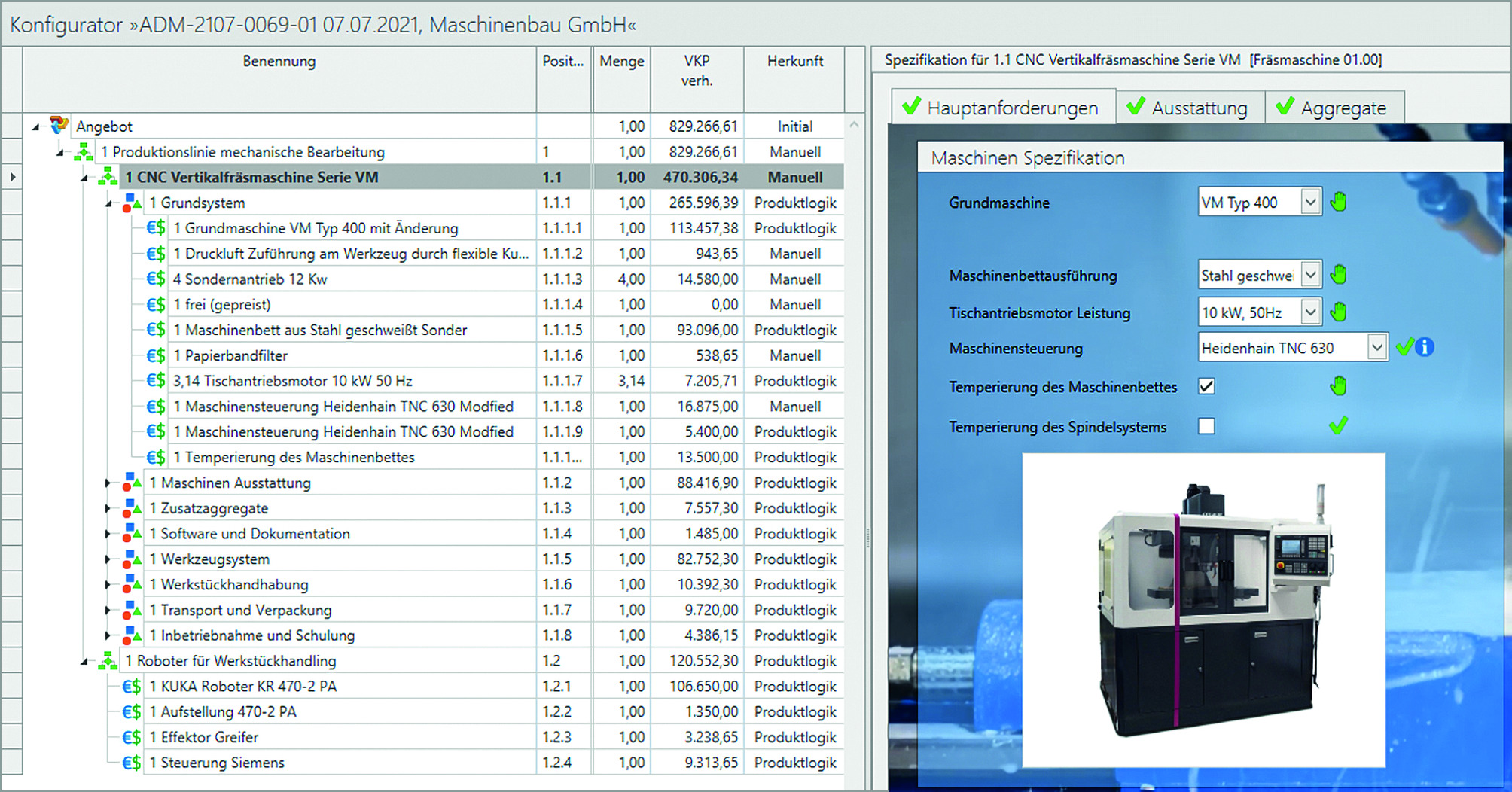 Beide Screenshots zeigen ein Werkzeugmaschinen-Produktspektrum. Das aufgeräumte Web Interface (links) richtet sich eher an Sales-orientierte Nutzer, während die rechte Desktop-Oberfläche mehr Funktionen für Konfiguration und Kalkulation bündelt. (Bild: EAS Engineering Automation Systems GmbH)