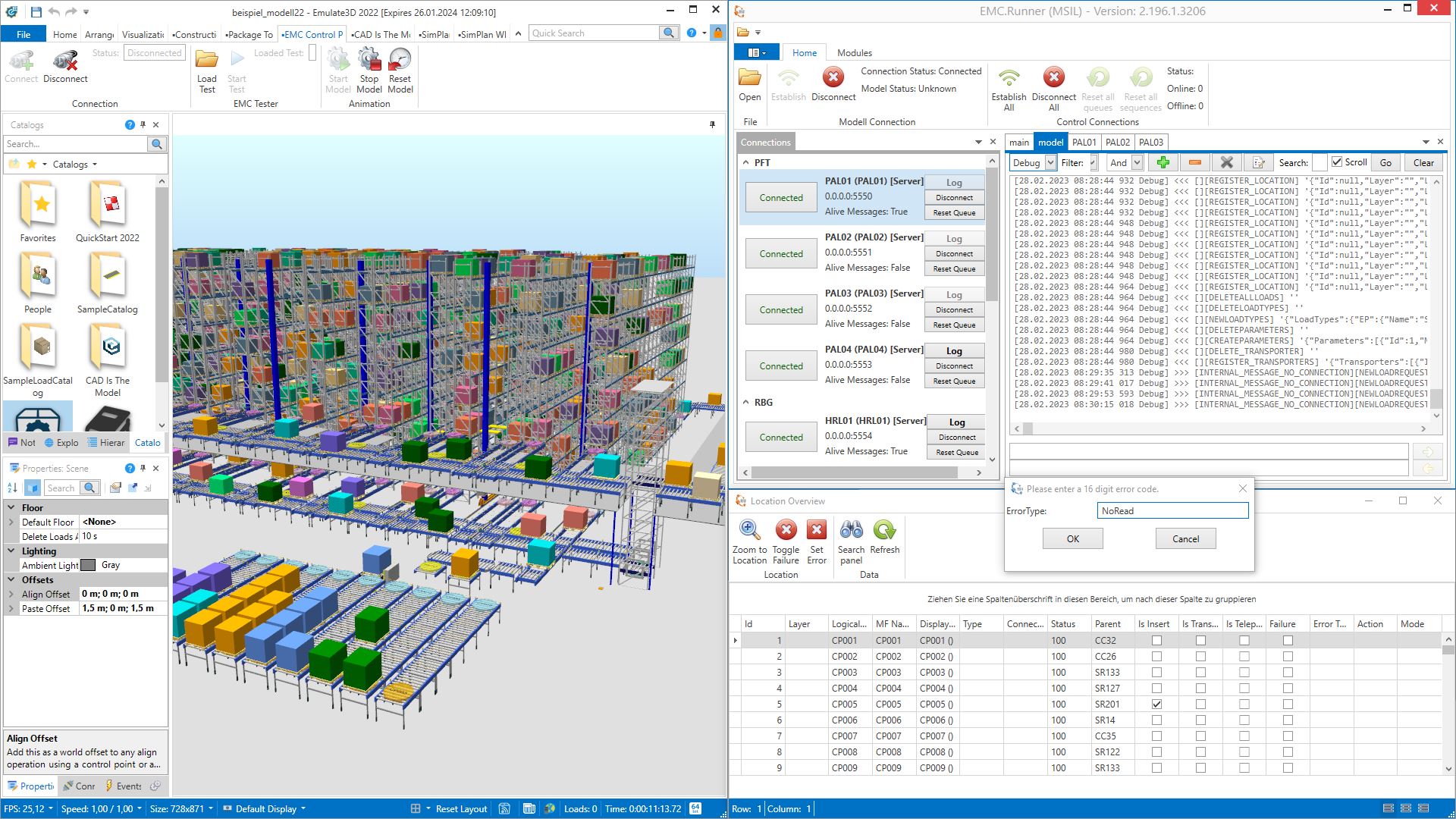 Beispiel einer virtuellen Inbetriebnahme (links der digitale Zwilling, rechts die Steuerungssoftware) (Bild: SimPlan AG)